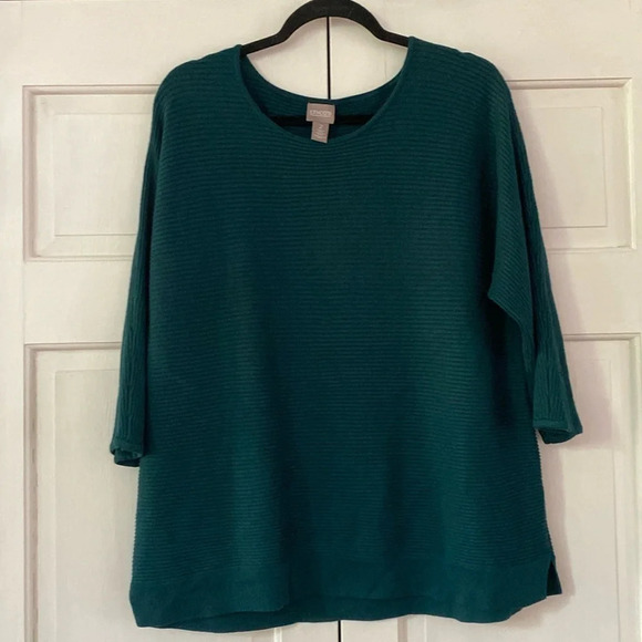 Chico’s Size 2 Forest Jade Green 3/4 Sleeve Sweater Textured Ribbed Chicos Large - Picture 1 of 7